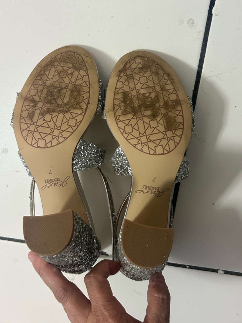 Badgley Mischka Silver Glitter Block Heel Sandals